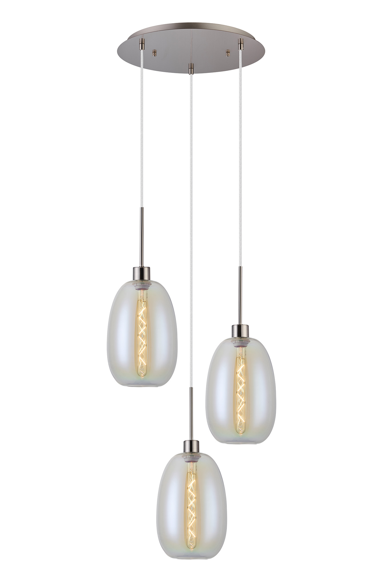 DK1362  Lori 40cm Round Pendant, 3 Light Adjustable E27, Satin Nickel/Iridescent Slim Curved Trapezium Shades